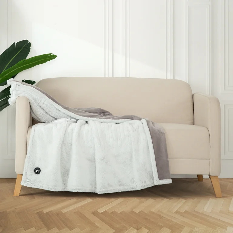 Berkshire Blanket & Home Co. Tipped Faux Fur Reverse Velvet Plush Heated Throw, Tipped Grey | Walmart (US)