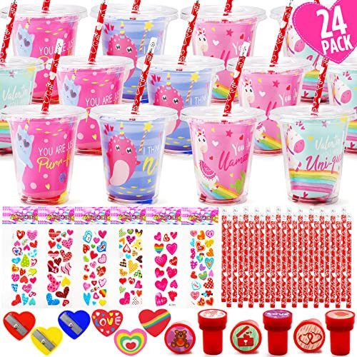 Valentines Day Gifts for Kids - 24 Pack Valentines Day Stationery Gift with Cards Pencils Stickers Erasers Stampers Sharpener Cups Classroom Prize School Exchange Boys Girls Party Favors | Amazon (US)