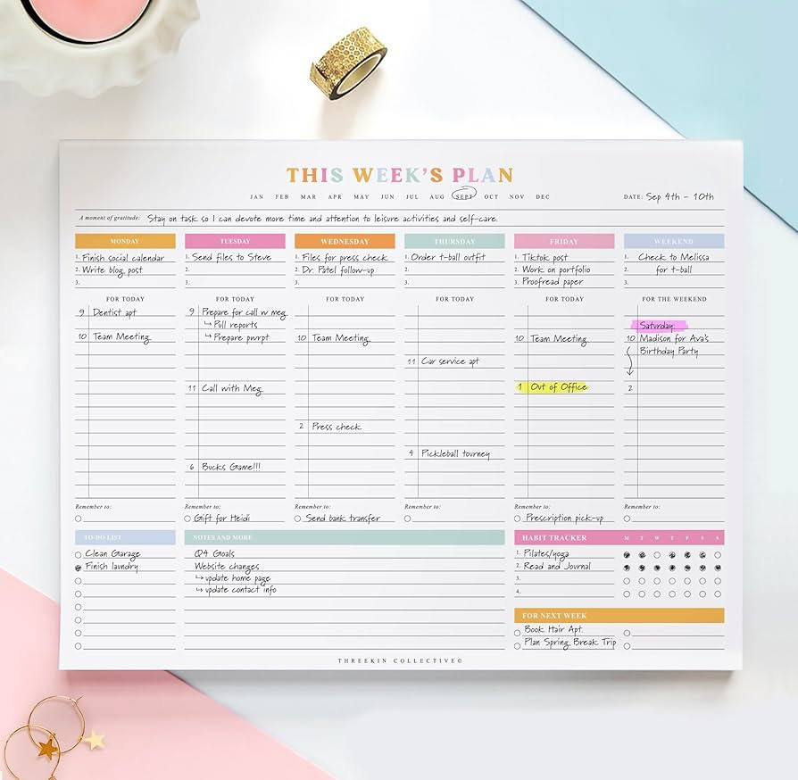 ThreeKin Weekly Planner - Premium 52-Sheet Tear-Off Notepad, 8.5 x 11 inches, Clean Colorful Desi... | Amazon (US)