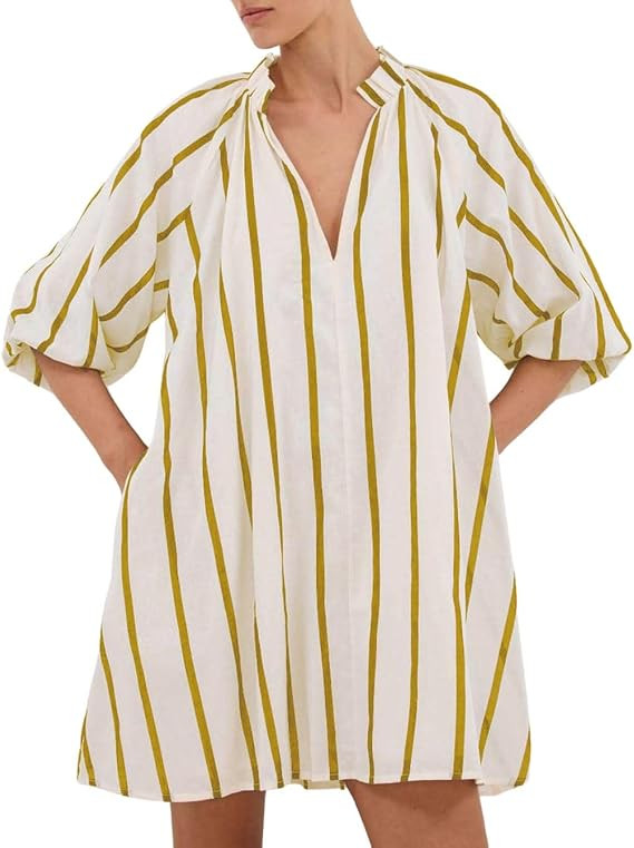 chouyatou Women's Summer Half Puff Sleeve Cotton Dress Notch Neck Striped Midi Dress with Pockets | Amazon (US)