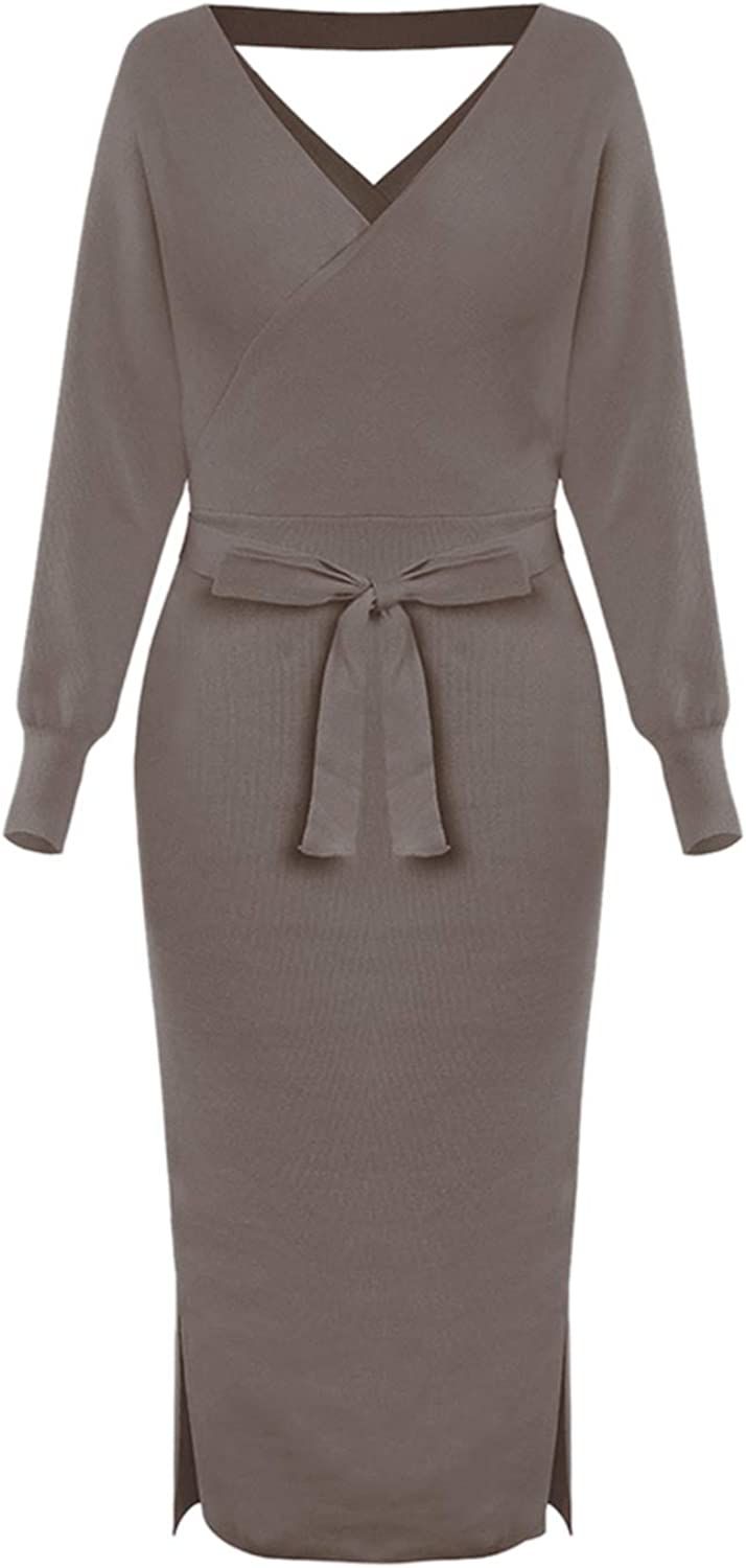 Linsery Women Wrap Sweater Dress Elegant V Neck Long Batwing Sleeve Slim Fit Slit Knit Long Dress... | Amazon (US)