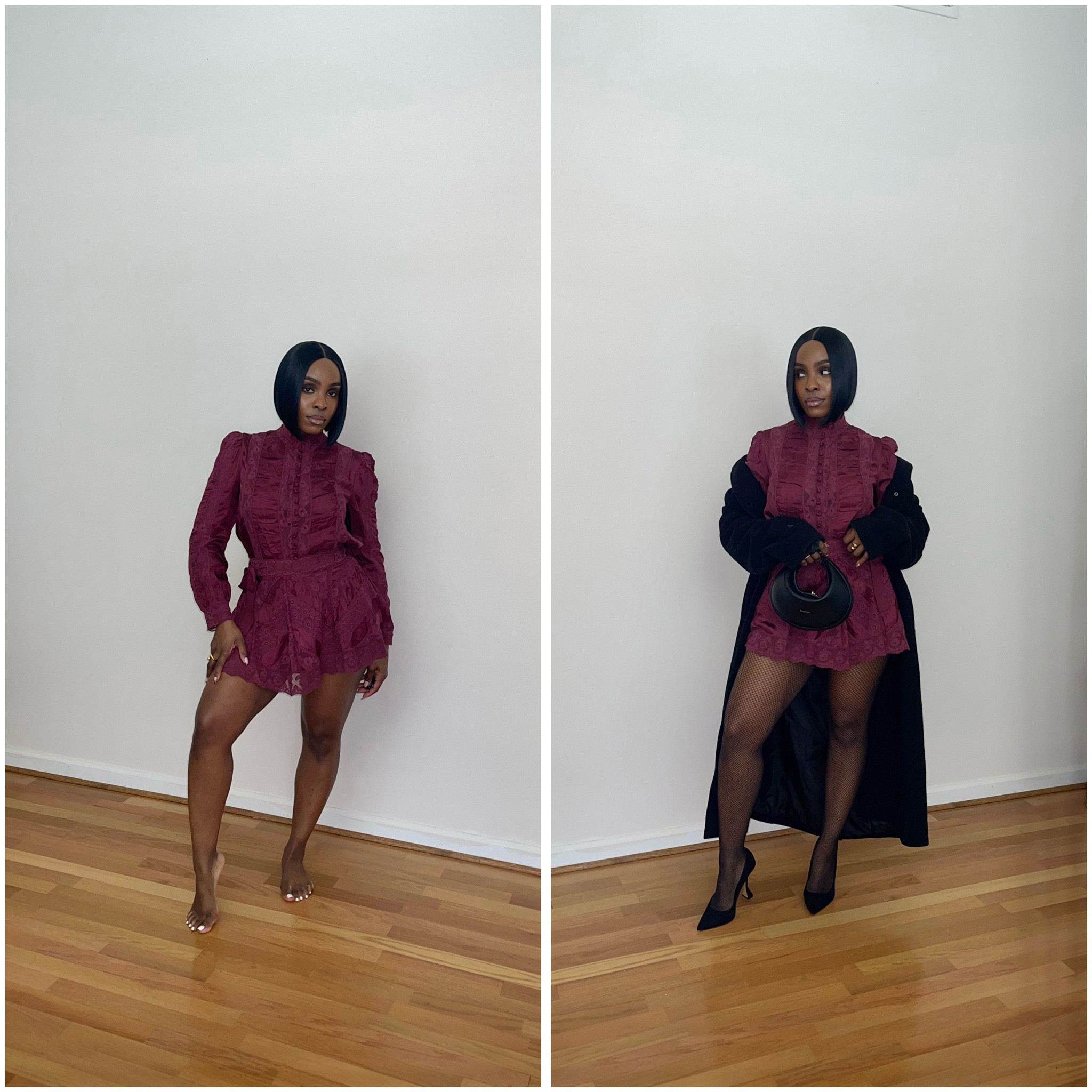 LoveShackFancy, Bordeaux, burgundy, lace skirt set, styling fishnet tights, fall fashion, fall outfit 