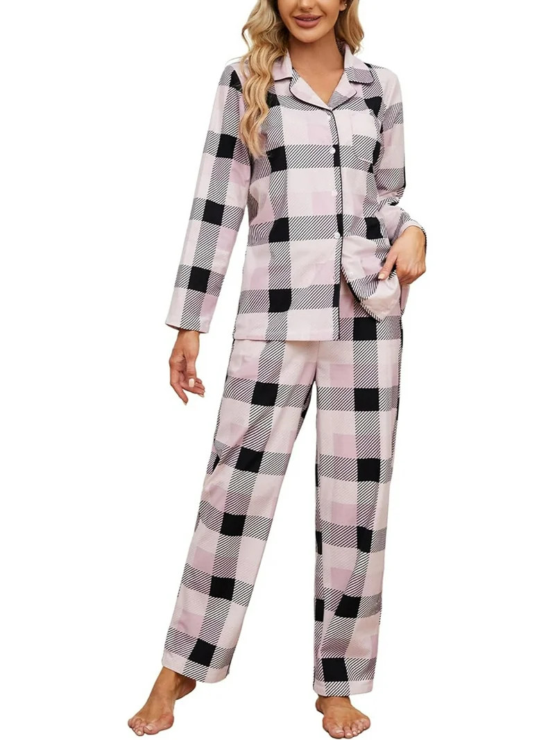 HEARTNICE Womens Flannel Pajama Set, Long Warm Pajamas Lightweight Pjs Set with Pockets,(Pink-Bla... | Walmart (US)