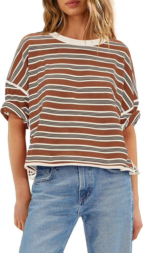 Yanekop Womens Oversized Shirts Striped Half Sleeve Tops Casual Summer Crew Neck T Shirts Basic T... | Amazon (US)