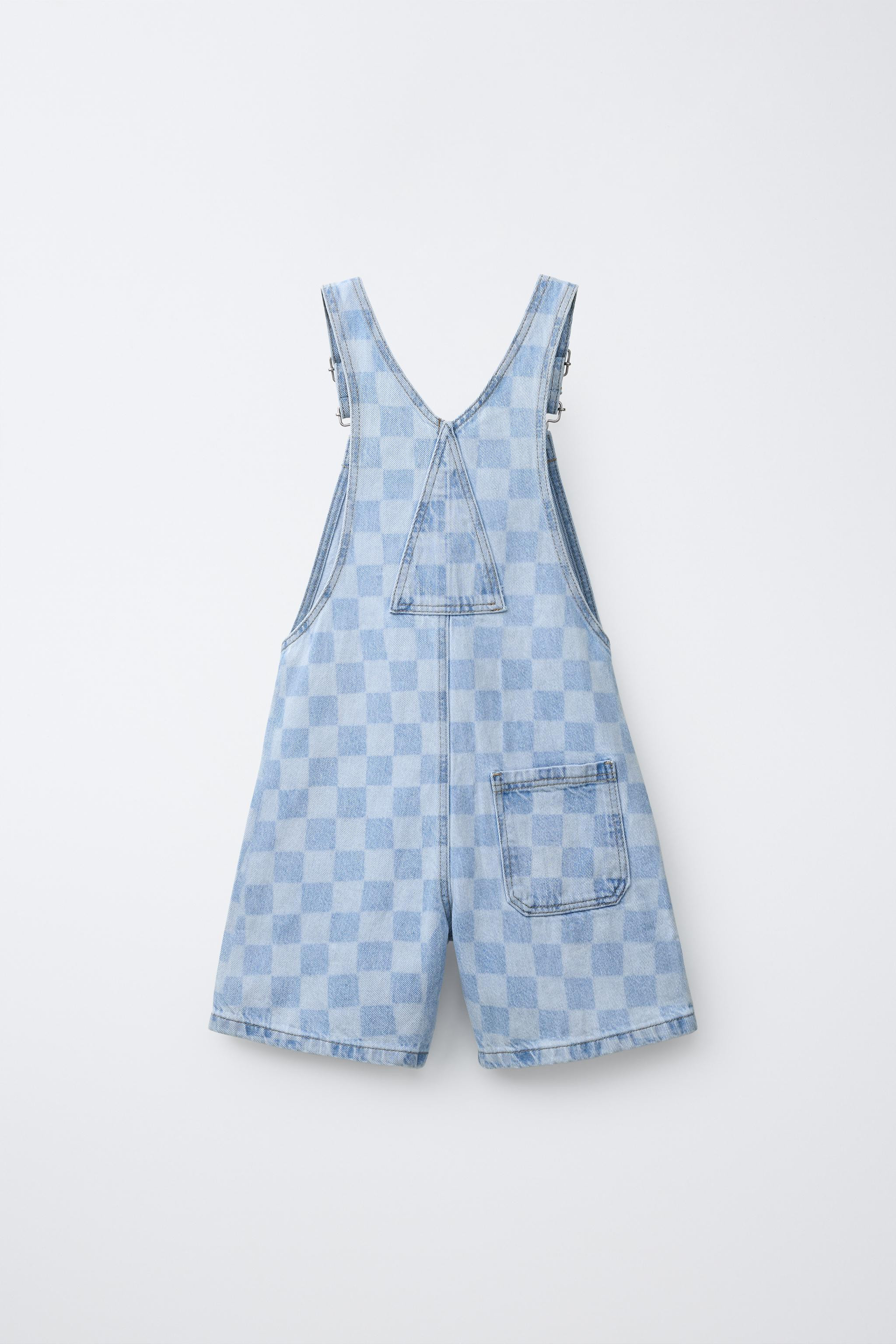 CHECKERBOARD DENIM OVERALL SHORTS | Zara US
