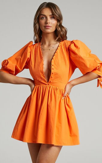 Zandra Puff Sleeve Poplin Mini Dress in Orange | Showpo (ANZ)
