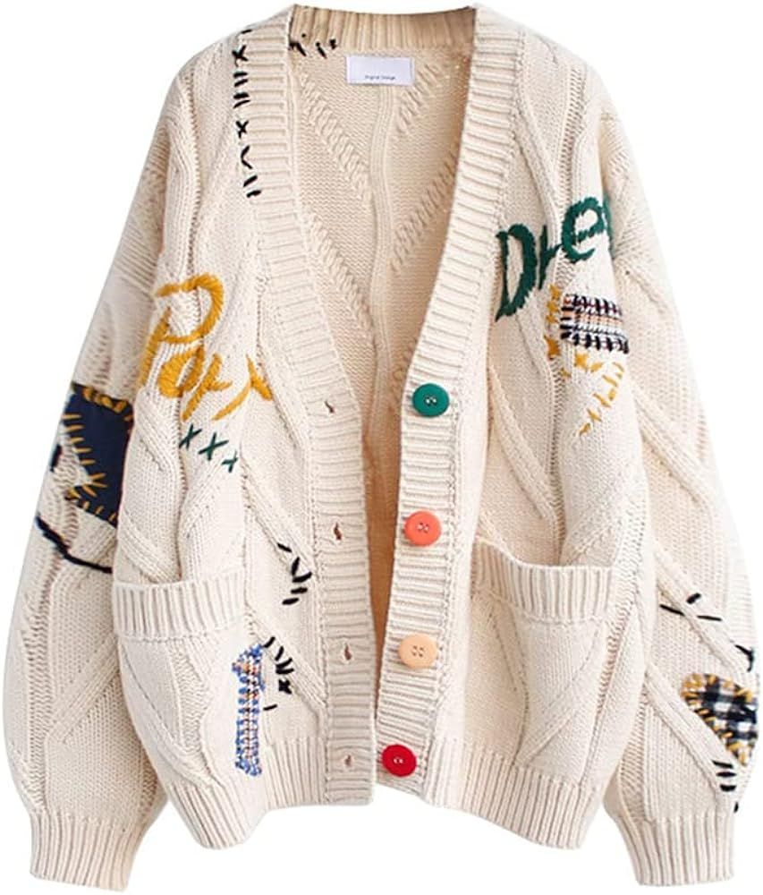 Women's Cute Cable Knit Open Front Cardigan Kawaii Long Sleeve Button Embroidered Sweater Coat Ou... | Amazon (US)