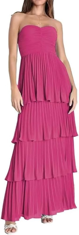 Strapless Tiered Prom Dresses 2024 Long A-Line Chiffon Ruffle Sweetheart Formal Evening Gown Wome... | Amazon (US)