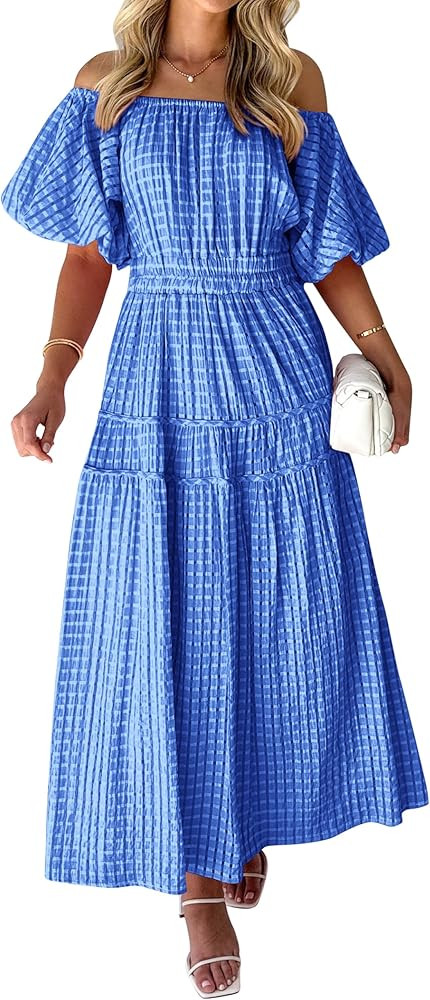 MASCOMODA Off The Shoulder Flowy Maxi Dress for Women 2024 Summer Casual Puff Short Sleeve Smocke... | Amazon (US)