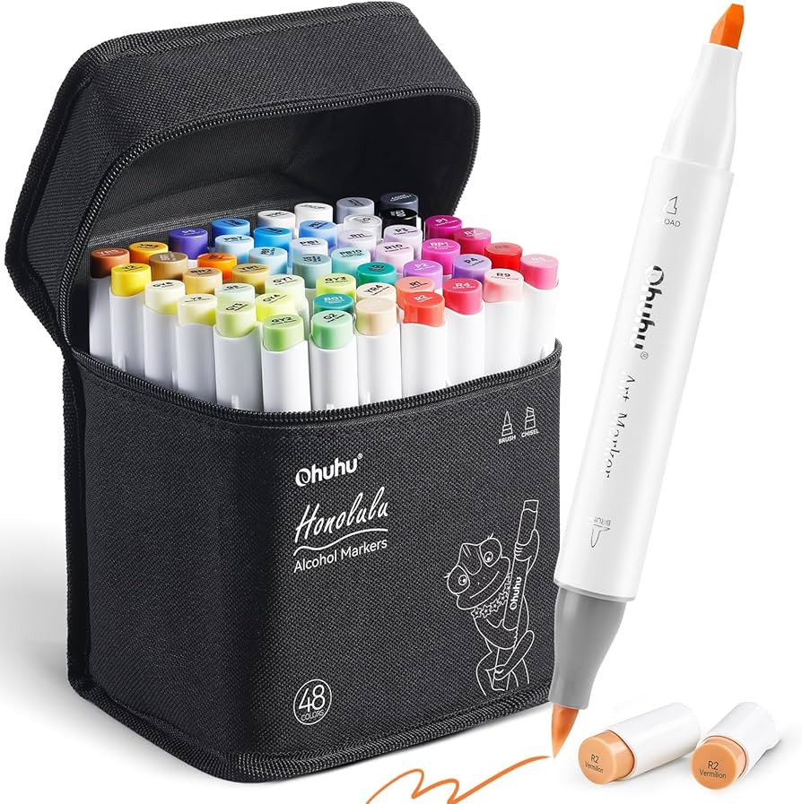Ohuhu Alcohol Markers Brush Tip: 48-Color Double Tipped Art Marker Set for Artist Adults Coloring... | Amazon (US)