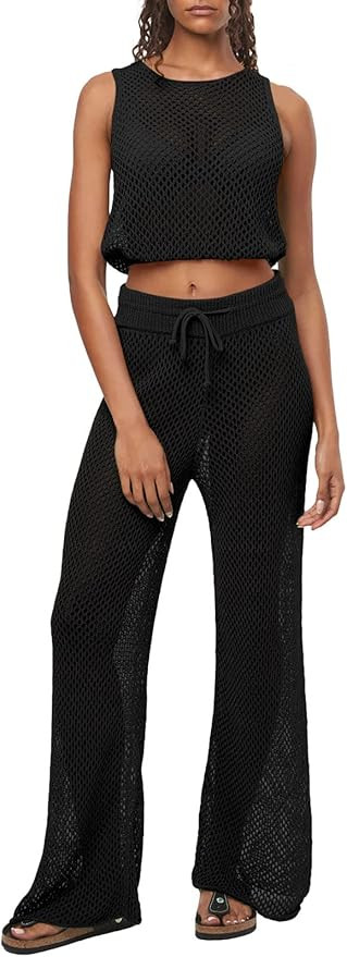 Pink Queen Women's Swimsuit Cover Up Set 2 Pieces Crochet Sleeveless Crop Top Wide Leg Long Pants... | Amazon (US)