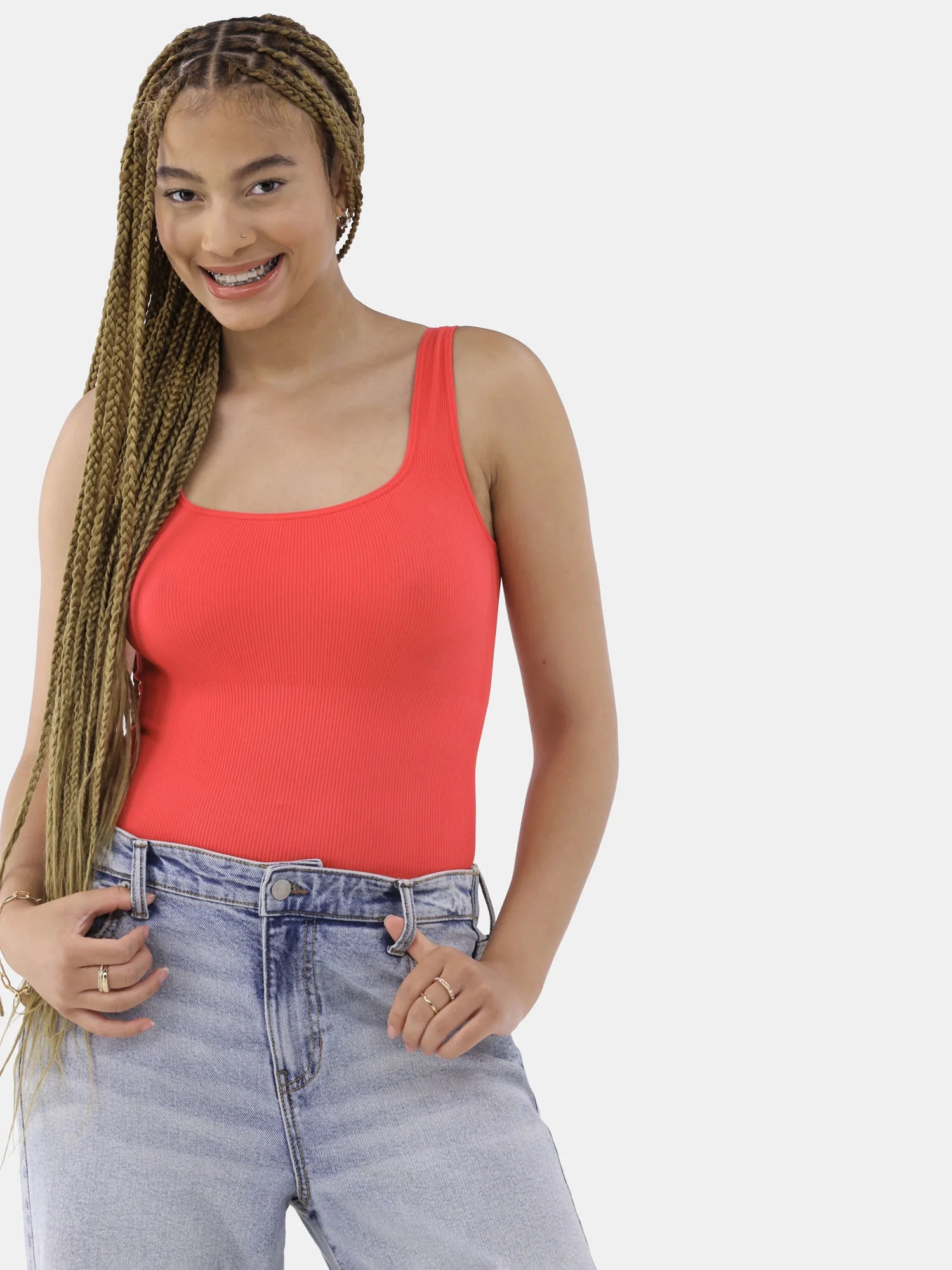 No Boundaries Seamless Ribbed Square Neck Bodysuit, Women's and Women's Plus | Walmart (US)