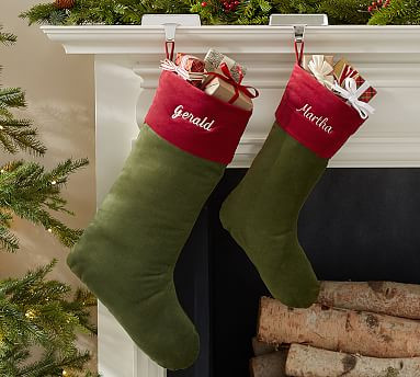 Classic Velvet Personalized Stockings - Green with Red Cuff | Pottery Barn (US)