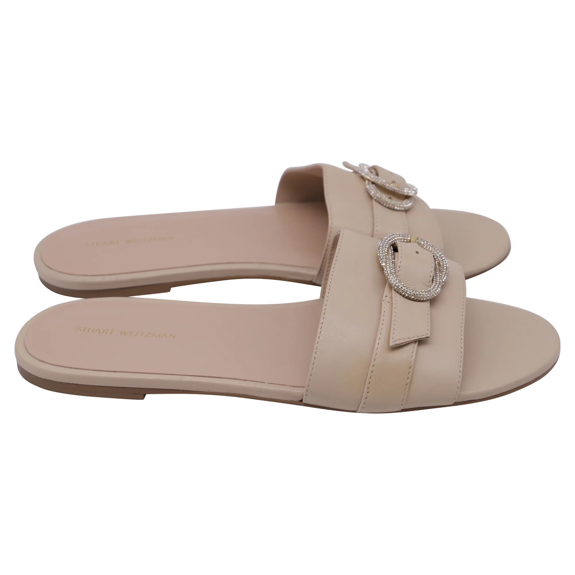 Stuart Weitzman Crystal-Embellished Slides in Beige Leather | Shop Simon