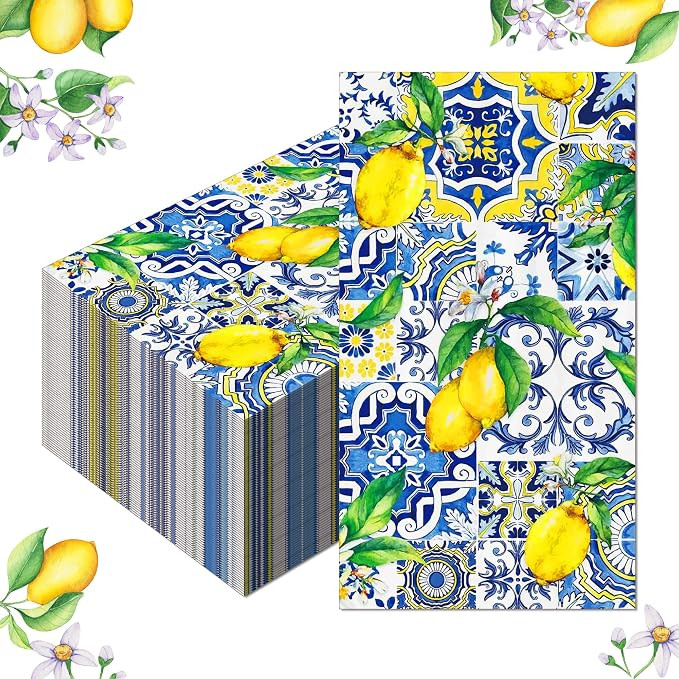 40PCS Capri Lemon Paper Napkins Tiles Lemons Guest Party Napkins Disposable Royal Blue and White ... | Amazon (US)