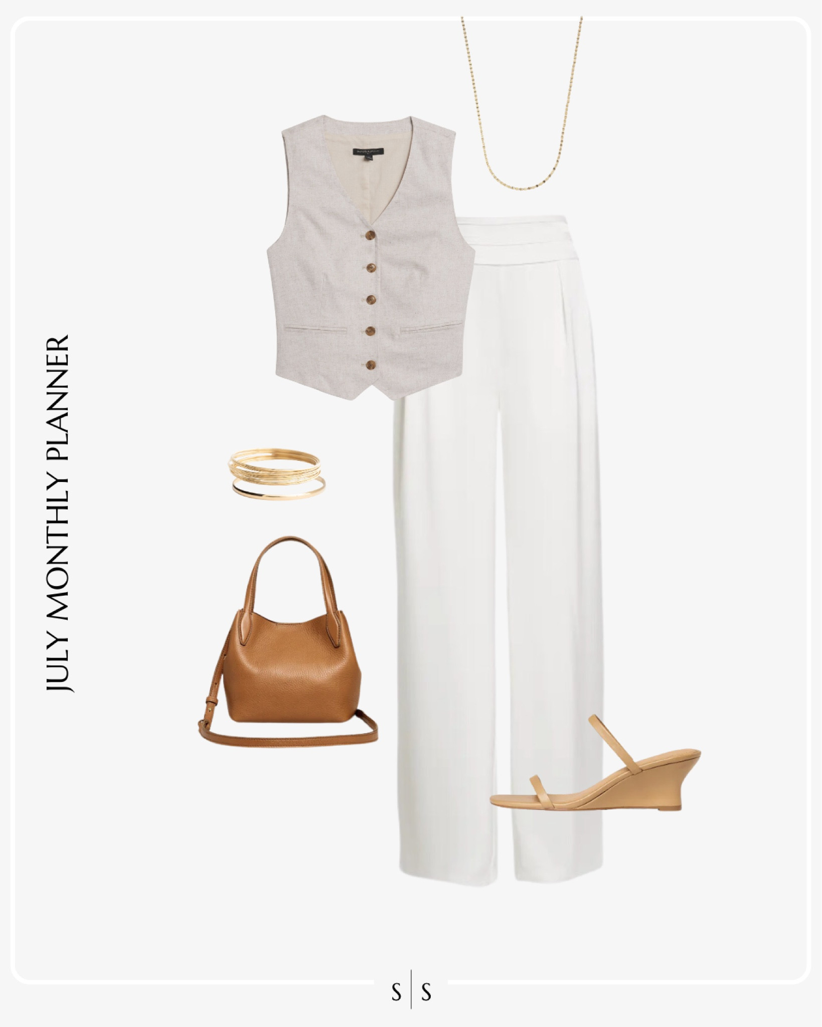 Monthly outfit planner JULY: Summer looks | white trouser, tailored linen vest, wedge heel sandals, Summer accessories 

Workwear, 9 to 5 outfit, office outfit, wear to work 

See the entire calendar on thesarahstories.com ✨ 


#LTKWorkwear #LTKStyleTip