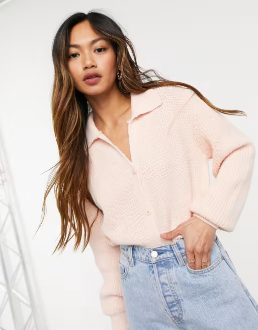 ASOS DESIGN collared sweater with button placket detail in long sleeve in pink | ASOS (Global)