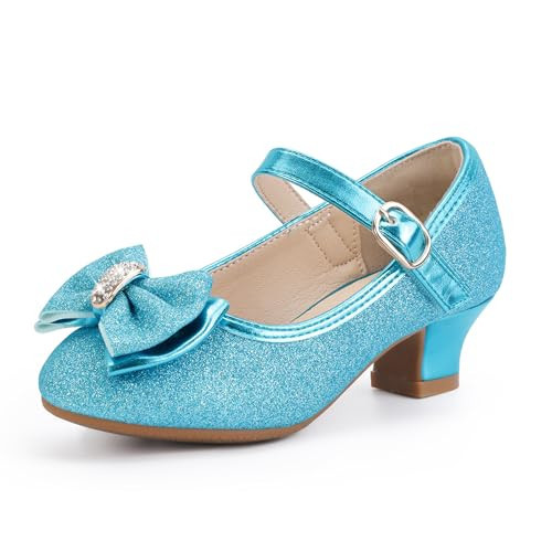 PANDANINJIA Girls Toddler/Little Kid Lisa Dress Mary Jane Pumps Bow Low Heels Party Wedding Princess Shoes (Blue Glitter, 12 MUS Little Kid) | Amazon (US)