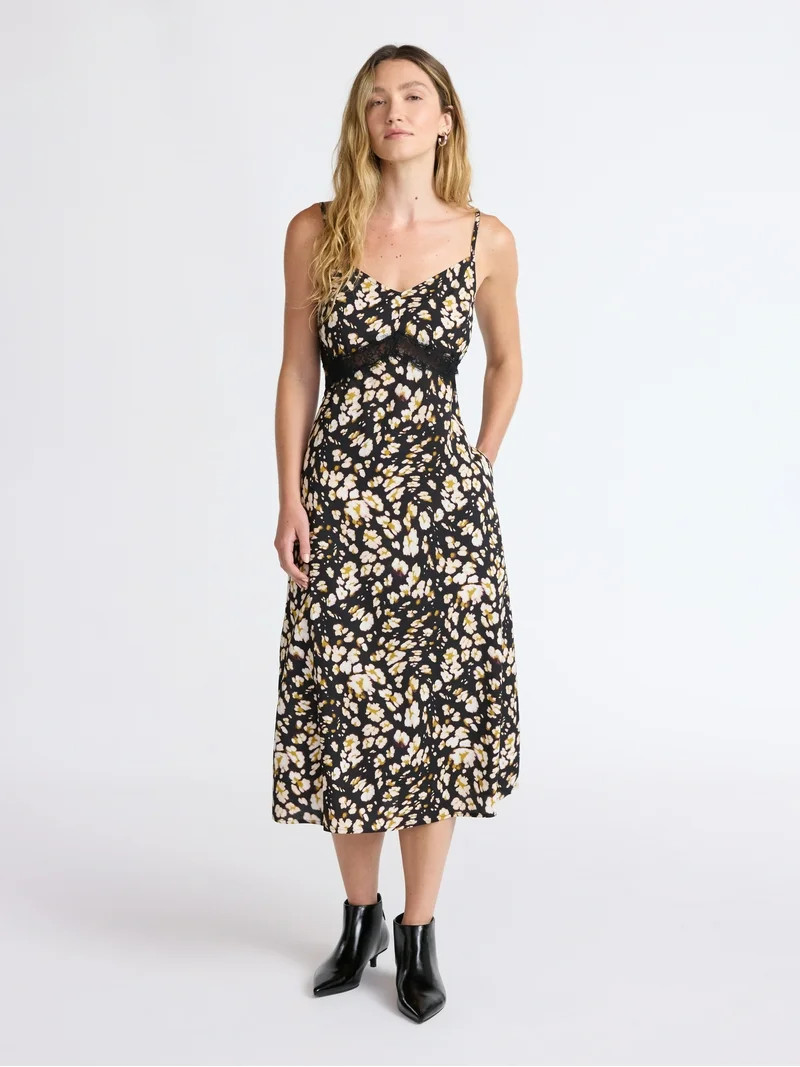 Scoop Women’s Cutaway Midi Dress with Lace Insets, Sizes XS-XXL | Walmart (US)