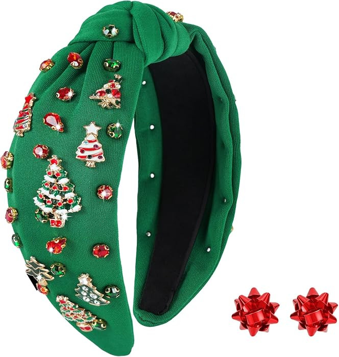 Christmas Headbands for Women, Green Knotted Jeweled Crystal Headband w/Xmas Tree – Christmas G... | Amazon (US)