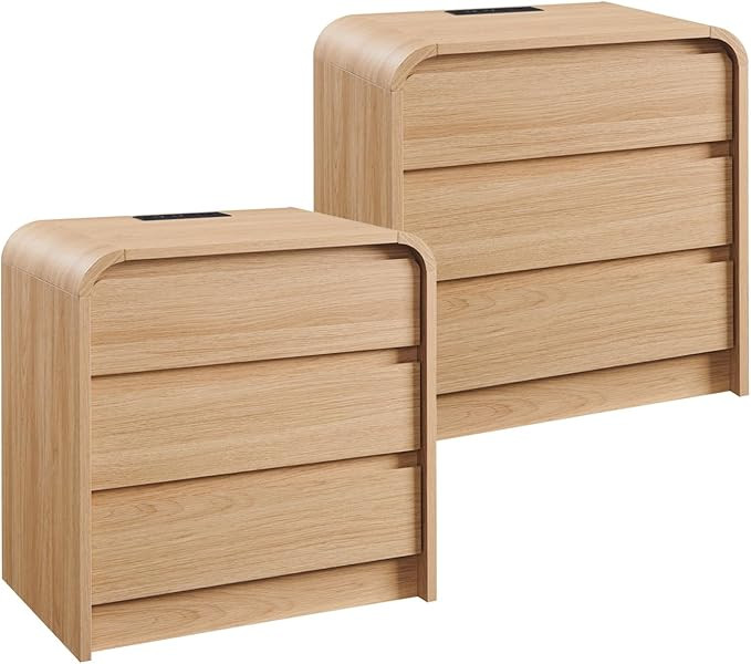 25" Tall Modern Nightstand Set of 2, 23.6" Wide Wood Bedside Table with Charging Station, 3 Stora... | Amazon (US)