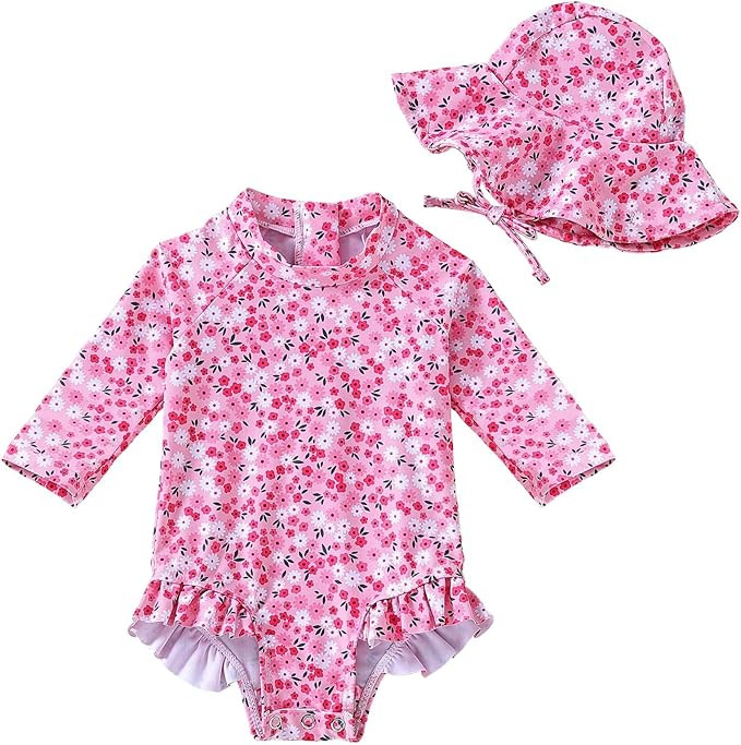 Baby Girl Swimsuit Long Sleeve One Piece Rash Guard with Sun Hat Zipper Bathing Suit Size 0-2T | Amazon (US)