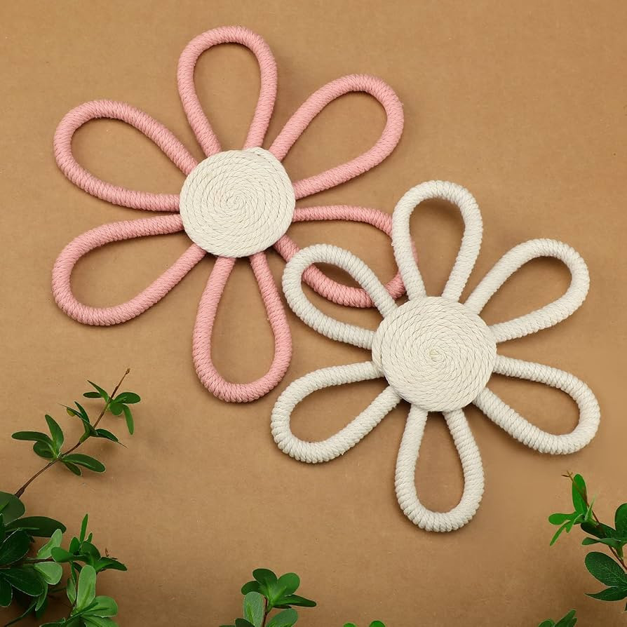 Boho Nursery Decor for Girl 2 Pcs Daisy Flower Woven Macrame Wall Hanging Bohemian Nursery Home W... | Amazon (US)