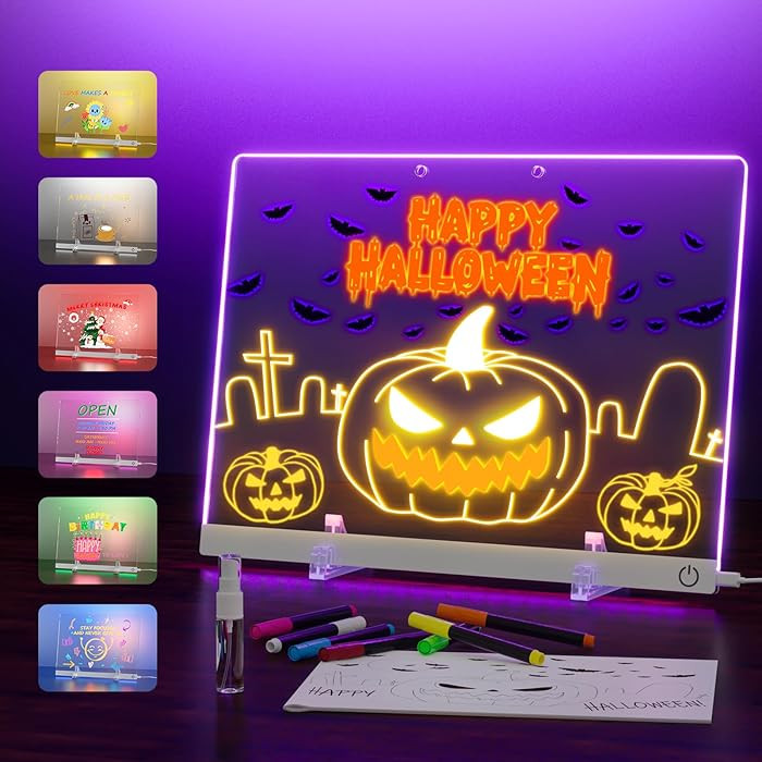 Acrylic Dry Erase Board with Light, 13.7"X10" 6-Color Neon Glow Memo LED Light-Up Message Note Bo... | Amazon (US)