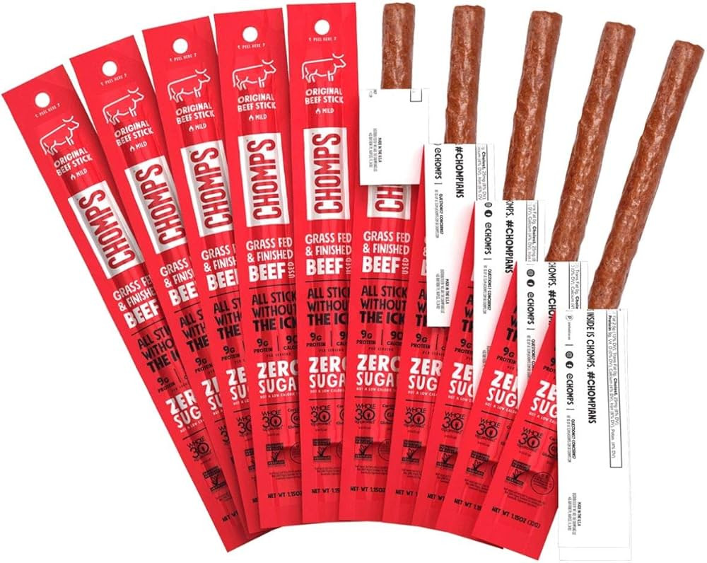 CHOMPS Grass Fed Beef Jerky Meat Snack Sticks, Keto, Whole30 Approved, Paleo, Low Carb, High Prot... | Amazon (US)