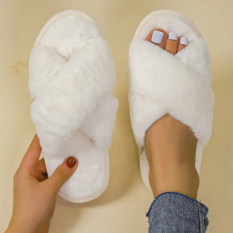 Women's Cross Strap Flat Fuzzy Slippers Solid Color Open Toe - Temu | Temu Affiliate Program