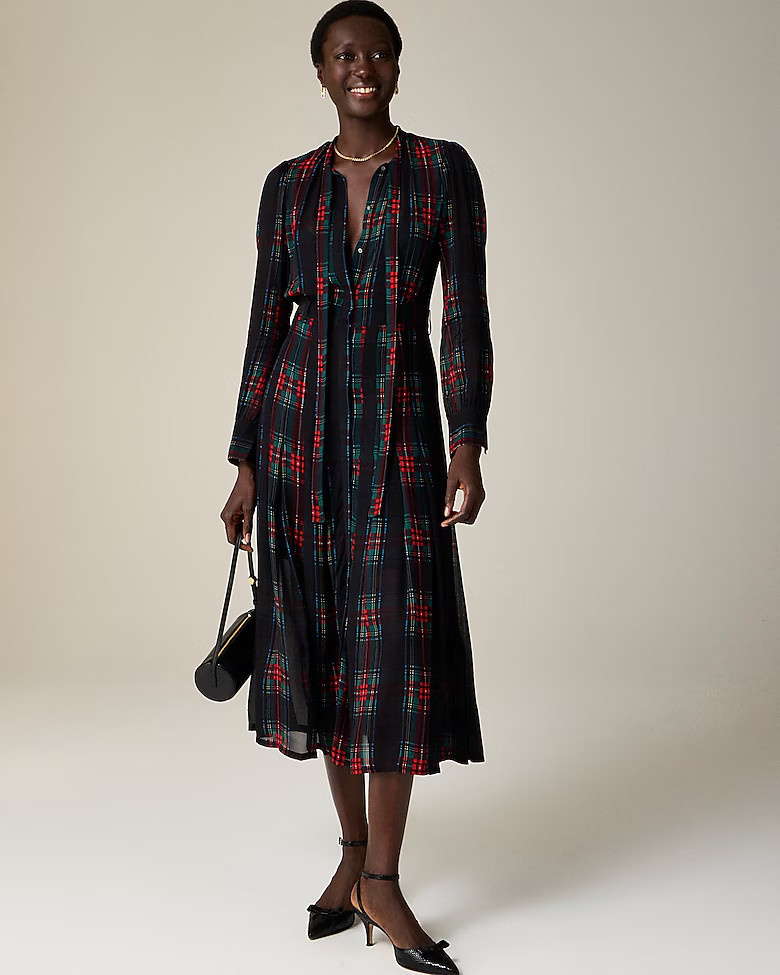 Tie-neck dress in Stewart tartan viscose chiffon | J. Crew US