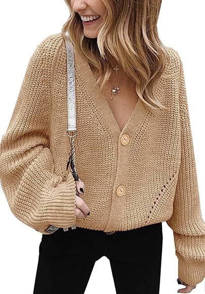 Angashion Women's V Neck Button Down Long Sleeve Cable Knit Cardigan Sweaters Outerwear Tops | Amazon (CA)