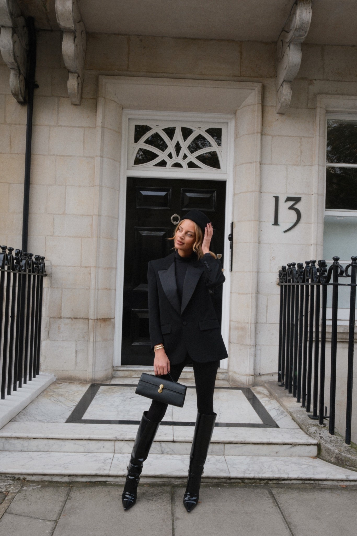 Pillar box hat, Saint Laurent boots, saint Laurent blazer, savette bag 