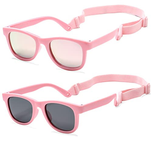 COASION 2 Pack Bendable Flexible Polarized Newborn Baby Sunglasses with Strap for Infant Boys Girls Age 0-12 Months (Matte Pink/Gray + Pink/Pink Mirror) | Amazon (US)