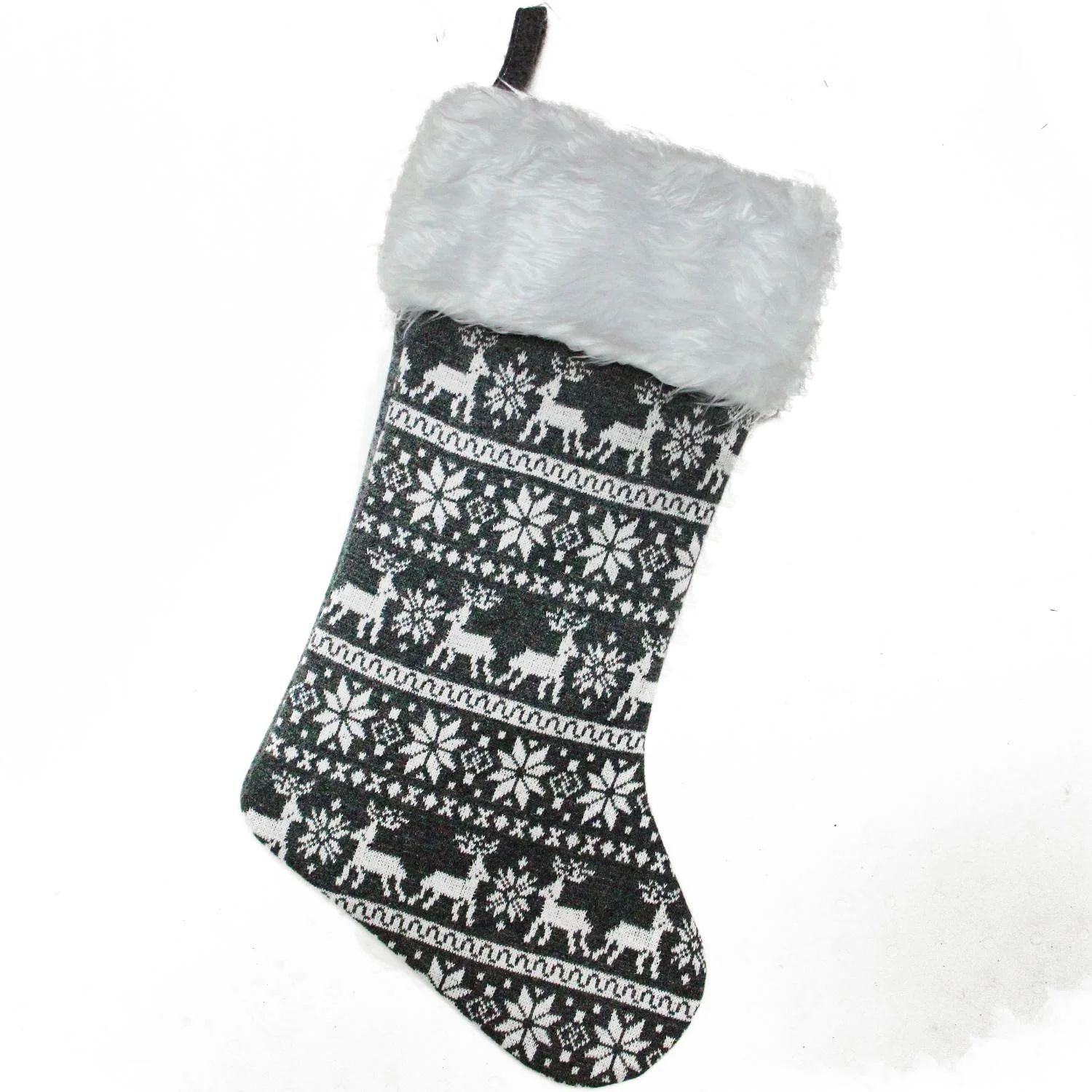 19.5" Gray and White Reindeer and Snowflake Knit Christmas Stocking with Faux Fur Cuff - Walmart.... | Walmart (US)