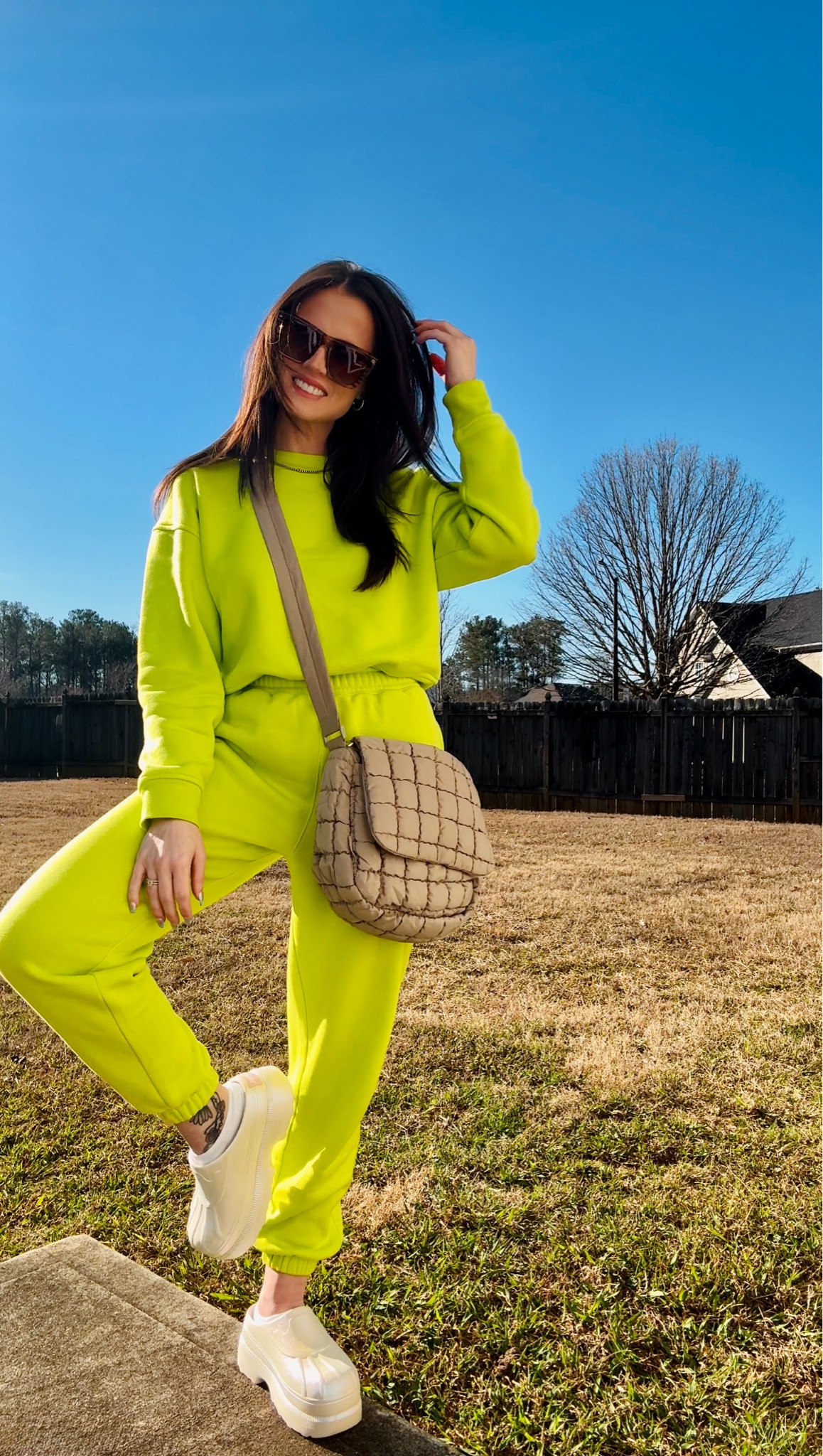 OOTD featuring this neon matching set from Amazon. Comes in SO many good colors. I’m wearing an XS in pants and a M in the sweatshirt. The pants run big in the waist and are very tight at ankles. This cropped crewneck runs true to size. Clogs by Sorel also run true to size. 

#LTKFindsUnder100 #LTKStyleTip #LTKTravel