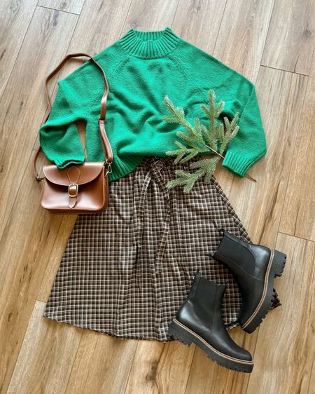 Christmas outfits. Holiday outfit. Plaid skirt. Green sweater. Black Chelsea boots. 

#LTKSeasonal #LTKGiftGuide #LTKHoliday