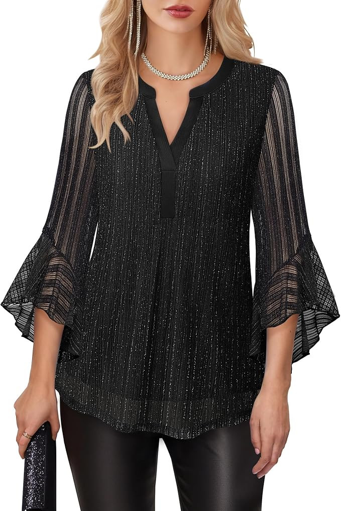 Lotusmile Women's 3/4 Sleeve Dressy Tops Elegant V Neck Blouse for Women Casual Work Evening Part... | Amazon (US)