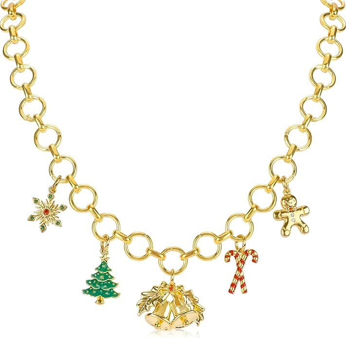 Gold Christmas Charm Necklace for Women 14K Gold Plated Christmas Tree Snowflake Stocking Cane Pr... | Amazon (US)