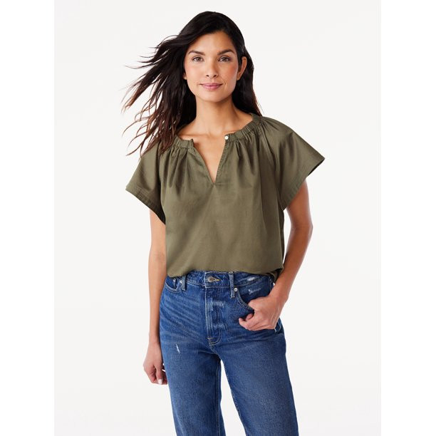 Free Assembly Women's Split Neck Top with Flutter Sleeves, Size XS-XXL - Walmart.com | Walmart (US)