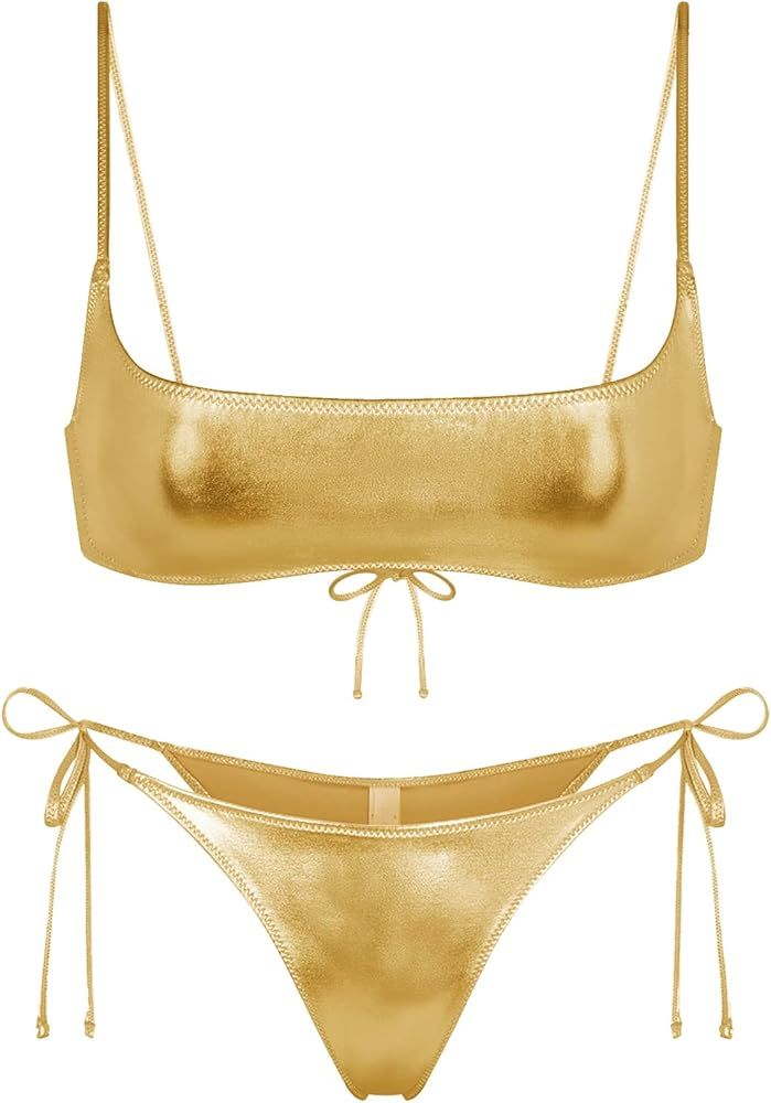Womens Metallic Scoop Bikini Sets - Sexy Two Piece Summer Glitter String Swimsuit Silver Gold Mic... | Amazon (US)