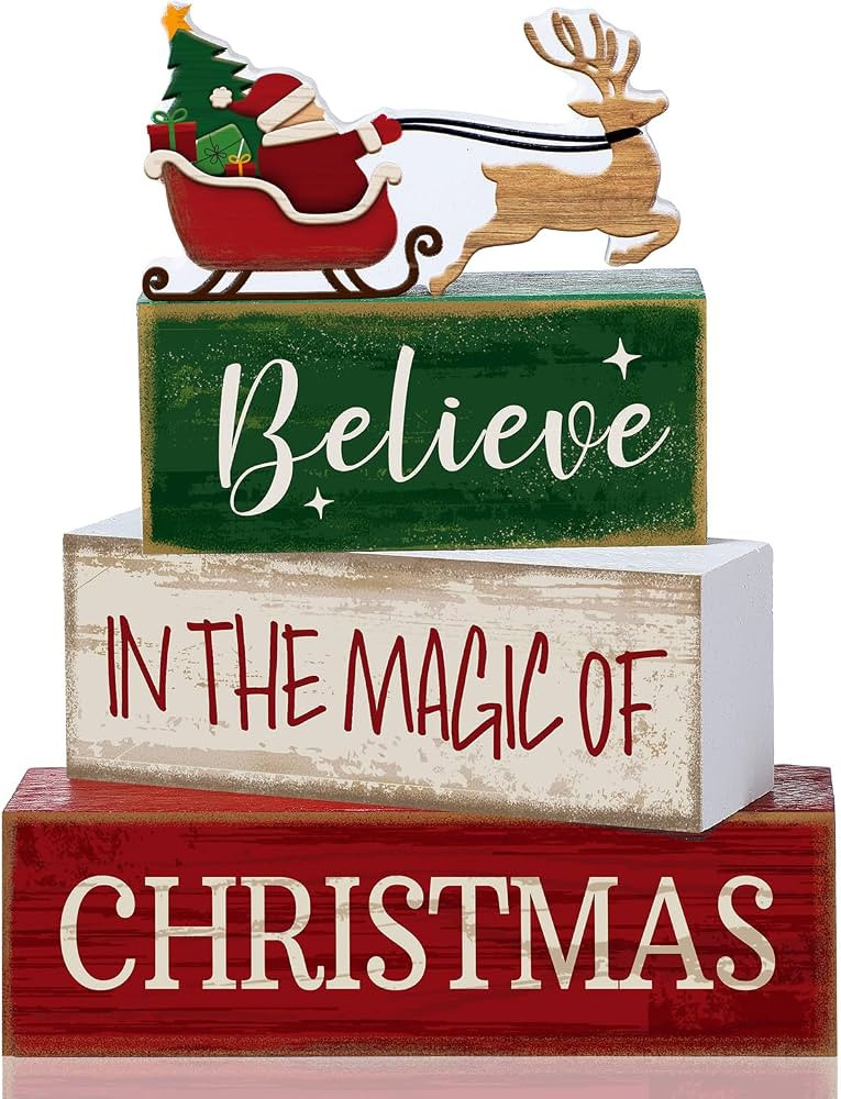 Lineshading 4 Pcs Christmas Table Decorations Wooden Stacked Block Santa | Amazon (US)