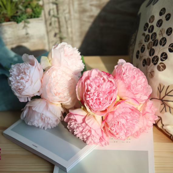 Pure Silk Peony Bouquet / Bundle 13'' Tall, White / Pink, Artificial Flower, Floral Arrangement, ... | Etsy (US)