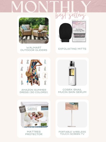 April’s monthly best sellers! Outdoor seats patio, exfoliating mitt for self tanning, floral wedding guest or casual night out dress, mucin snail skin serum, king mattress pad protector (a must if you have pets or toddlers!), LG Standbyme portable charged TV touchscreen television

#LTKbeauty #LTKhome #LTKSeasonal