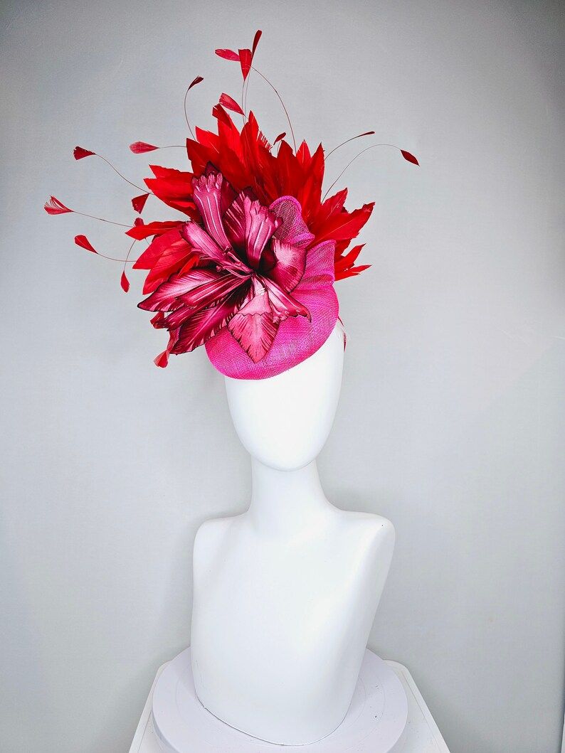 Kentucky Derby Hat Fascinator Hot Pink Sinamay With Burgundy Red Ombre Satin Flower With Red Feat... | Etsy (US)