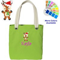 Personalized Canvas Tote Bag Christmas Reindeer Design Contrast Lined With Metal Grommets Embroidered Name Or Text Of Your Choice | Etsy (US)