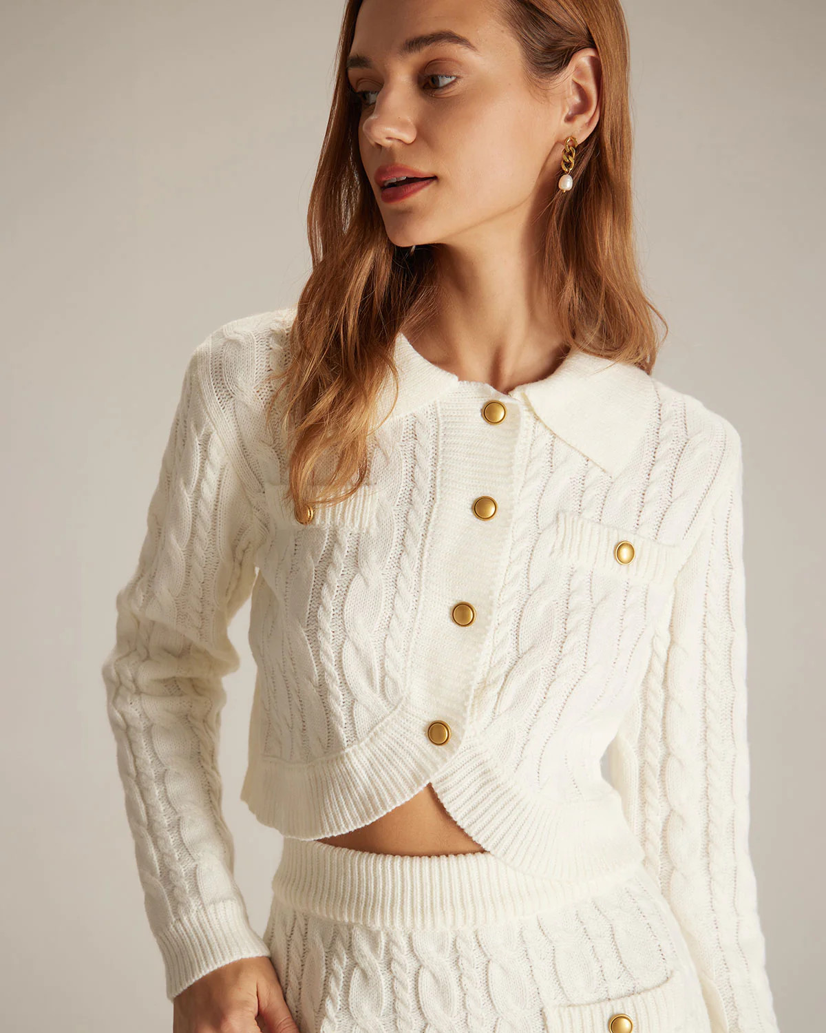The White Lapel Ribbed Button Cable Cardigan & Reviews - White - Tops | RIHOAS | rihoas.com
