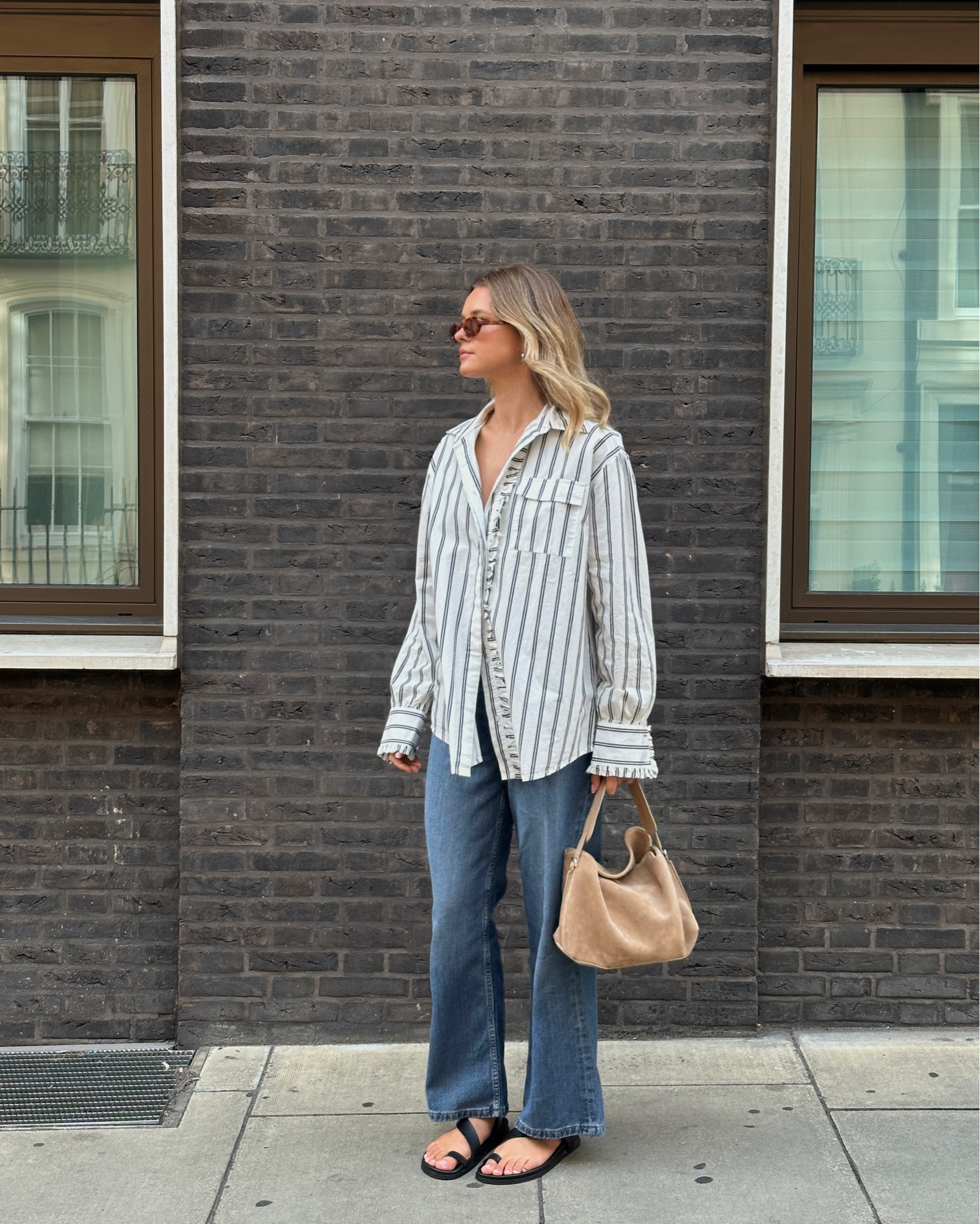 M&S, stripe shirt, oversized shirt, jeans, wide leg jeans, sandals, Alohas, suede bag, autumn outfit, transitional outfit 

#LTKuk #LTKeurope #LTKautumn