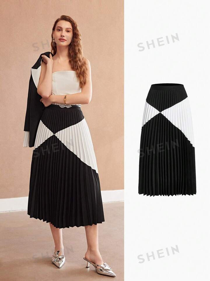 MOTF PREMIUM WOMEN'S COLORBLOCK PLEATED SKIRT | SHEIN