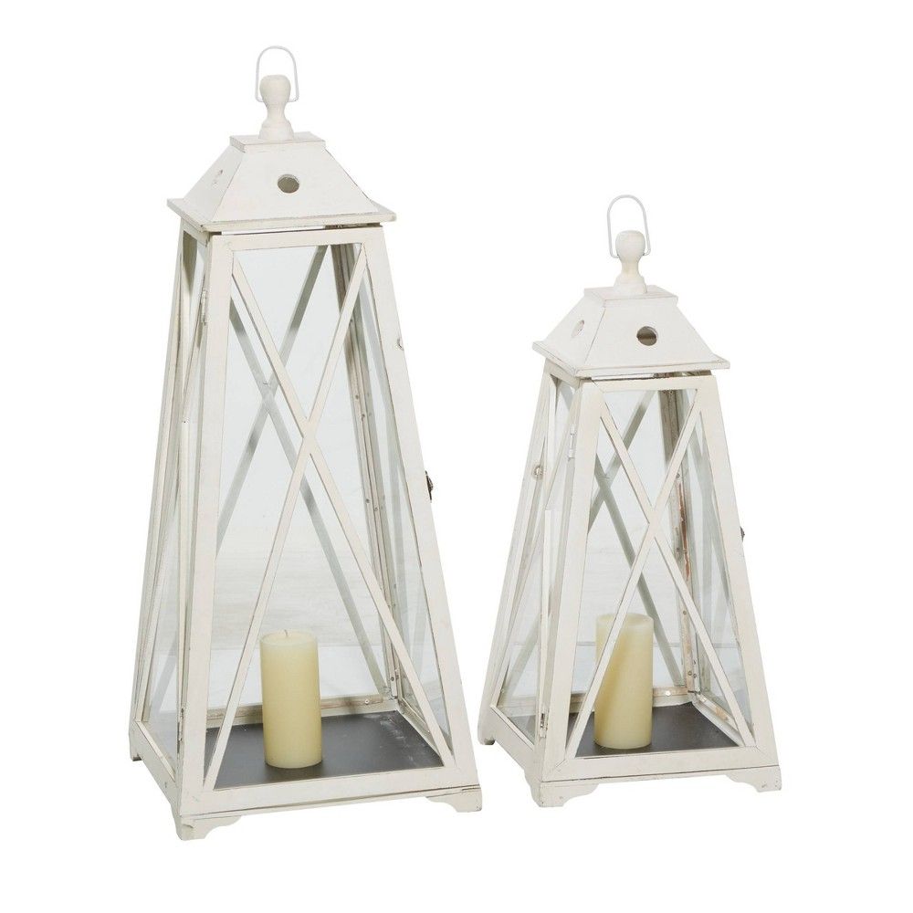 Set of 2 Triangular Wood and Glass Lanterns White - Olivia & May | Target